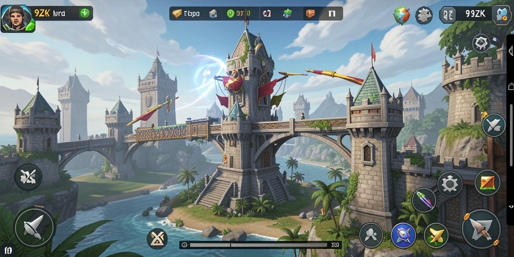 Gameplay mendebarkan Tower Defense di 9ZK dengan menara yang beragam.