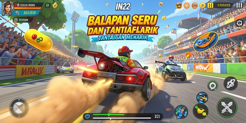 Tampilan gameplay IN22 dengan balapan seru dan mobil yang dirancang cantik.