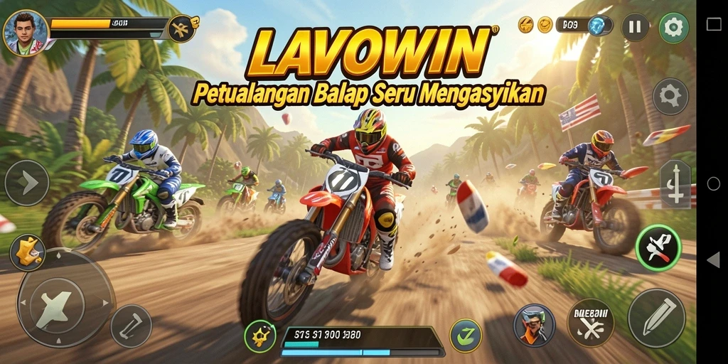 Tampilan gameplay LAVOWIN dengan mobil balap yang cepat.
