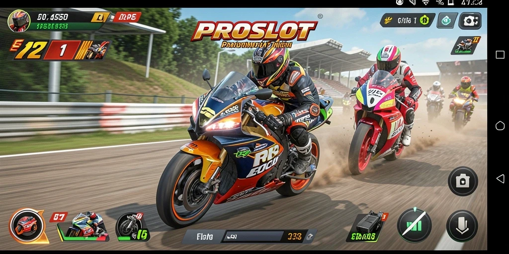 Gameplay seru PROSLOT dengan balapan motor yang mendebarkan.