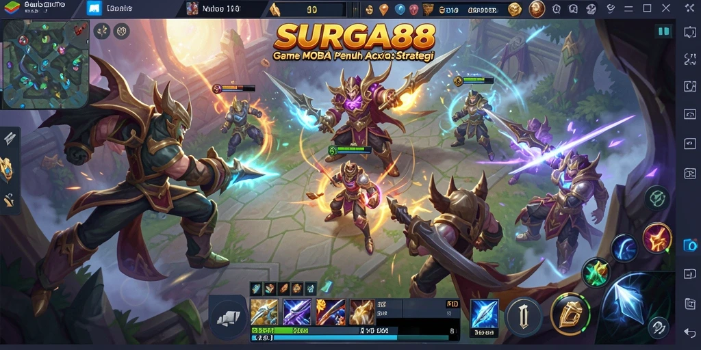 Tangkapan layar SURGA88 menunjukkan aksi intens dalam permainan MOBA.